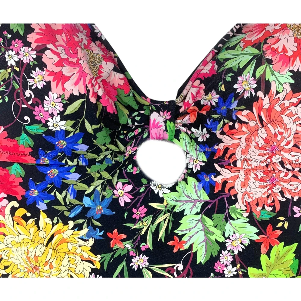 Johnny Was Sz M Metalli Notte Floral One Piece Swimsuit Keyhole Black Lined
